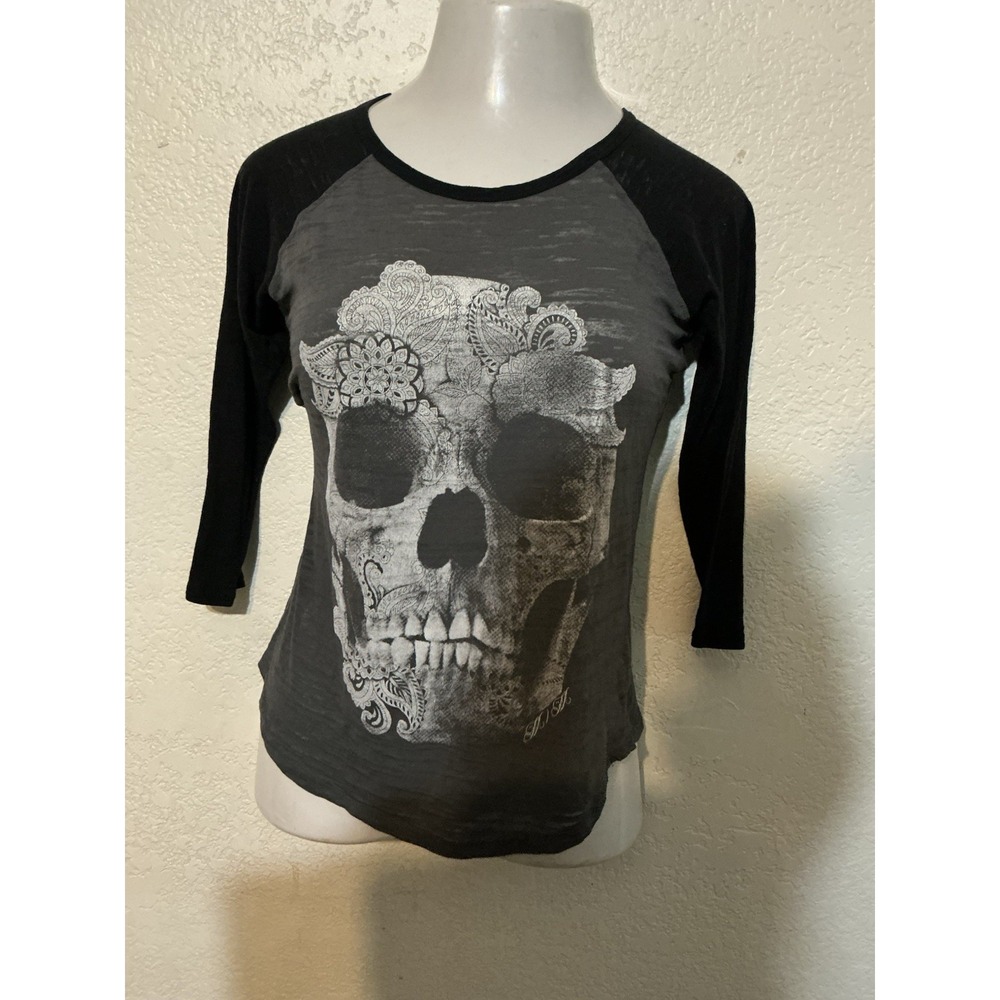 Metal Mulisha Black Gray Skull XS Top Y2K Grunge 2000s Women's